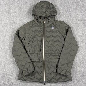 K-Way Down Jacket Womens Small‎ Gray Quilted Hooded Outdoors Pockets